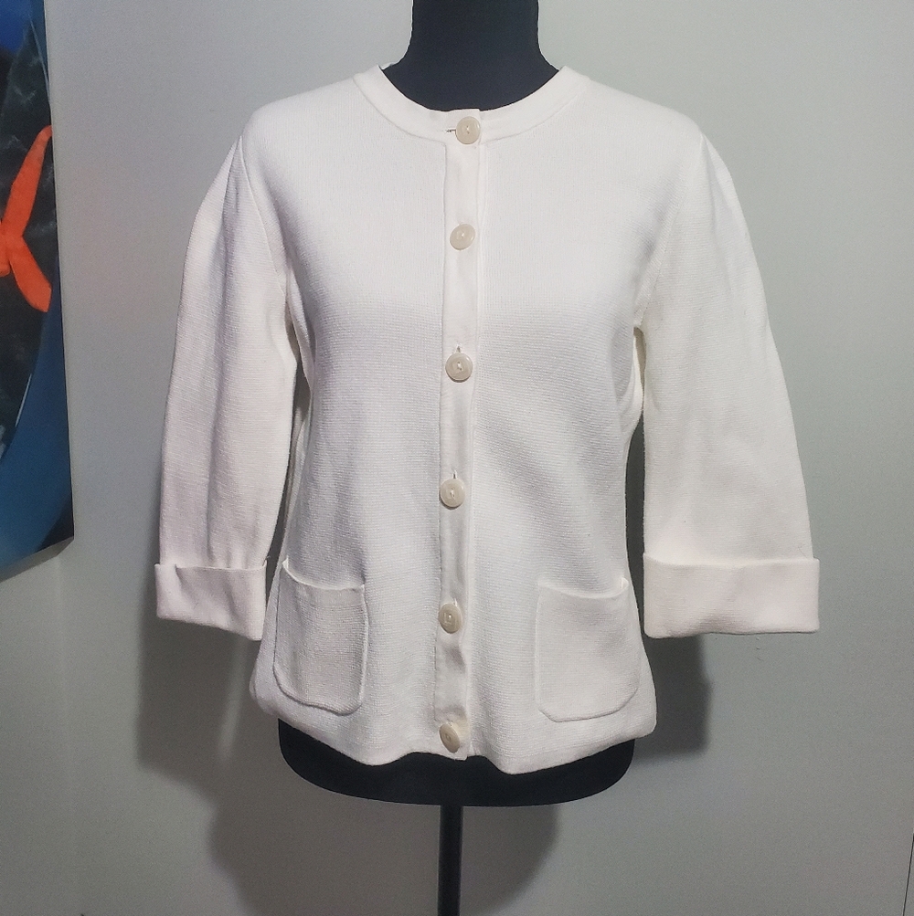Elena Solano 100% Cotton White Cardigan Jacket Medium 3/4 Sleeve Button Front